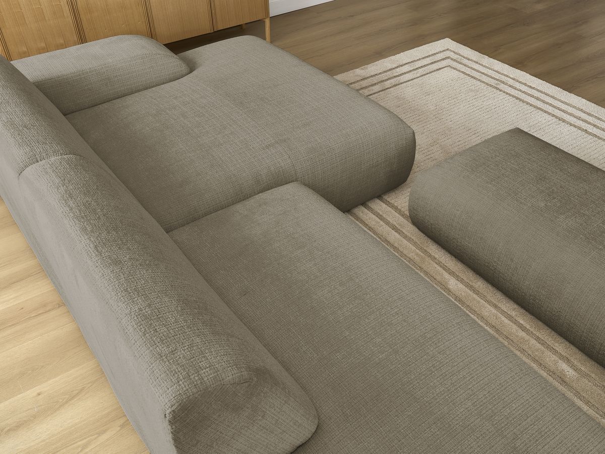 Canapé d'angle fixe modulable SIRIUS tissu texturé avec 1 chauffeuse et grand pouf