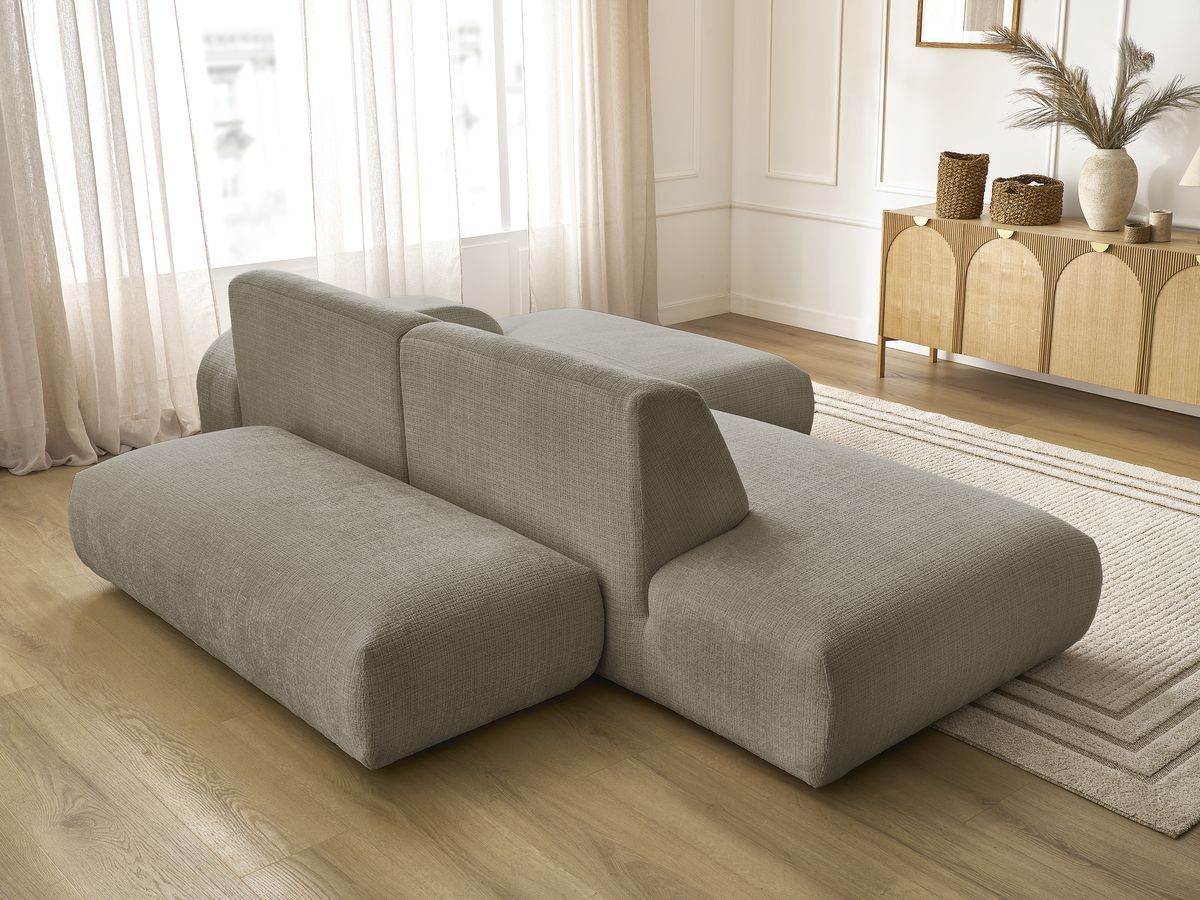 Canapé d'angle fixe modulable SIRIUS tissu texturé avec 1 chauffeuse et grand pouf