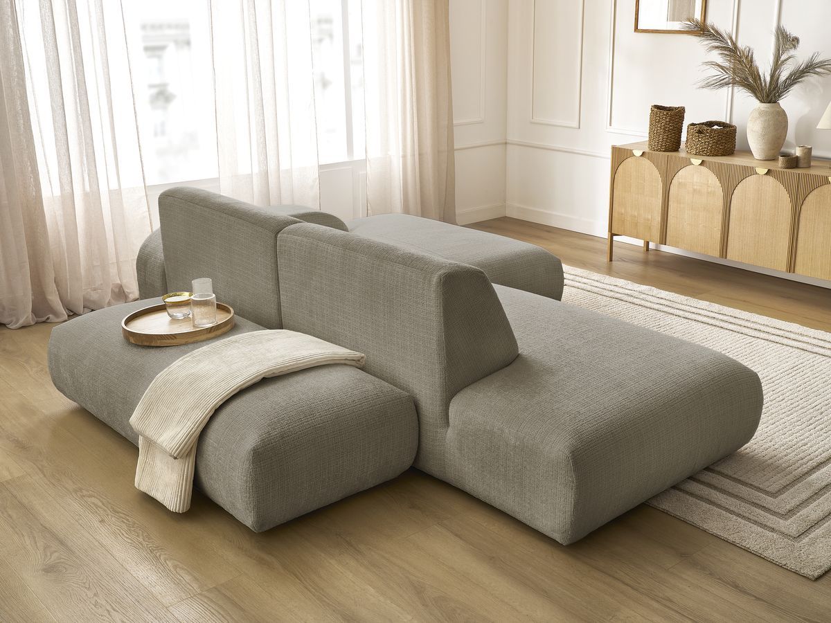 Canapé d'angle fixe modulable SIRIUS tissu texturé avec 1 chauffeuse et grand pouf