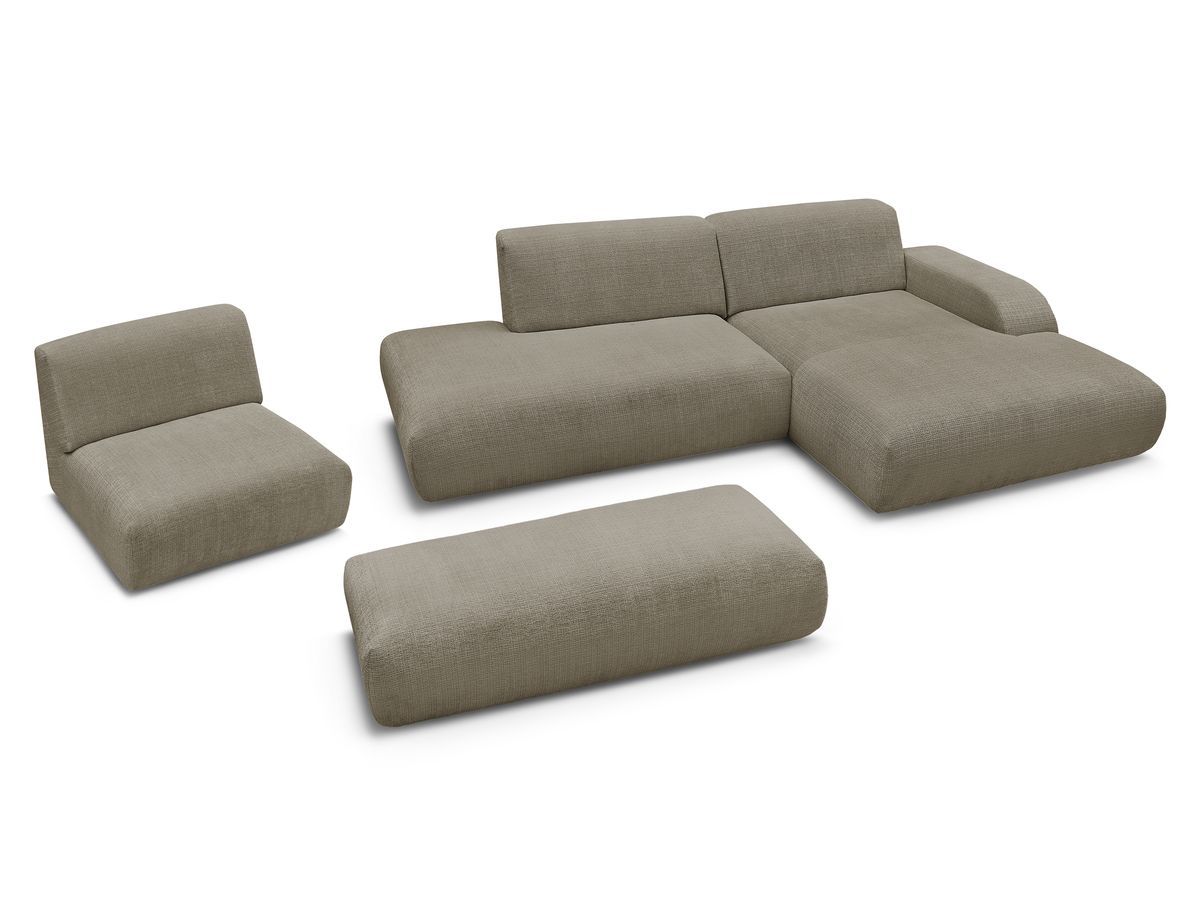 Canapé d'angle fixe modulable SIRIUS tissu texturé avec 1 chauffeuse et grand pouf