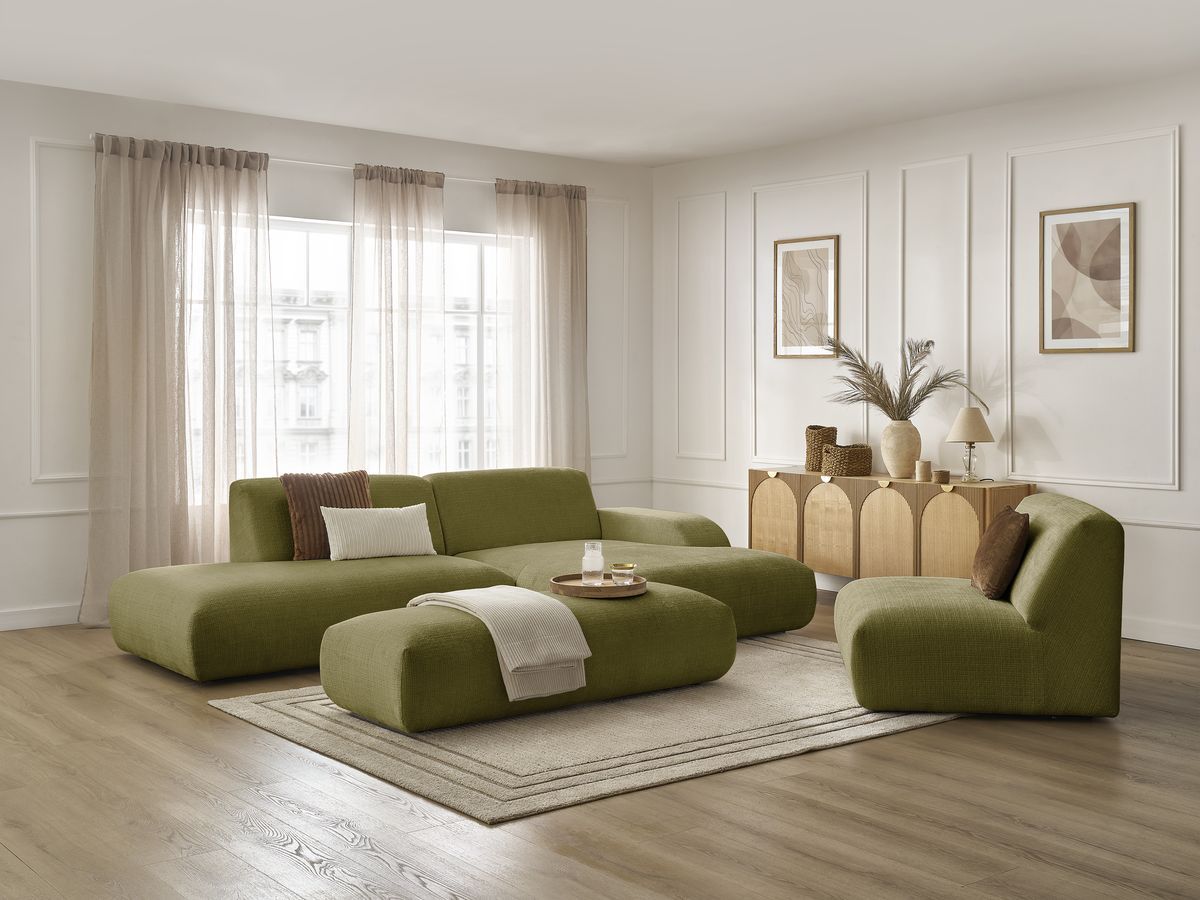 Canapé d'angle fixe modulable SIRIUS tissu texturé avec 1 chauffeuse et grand pouf
