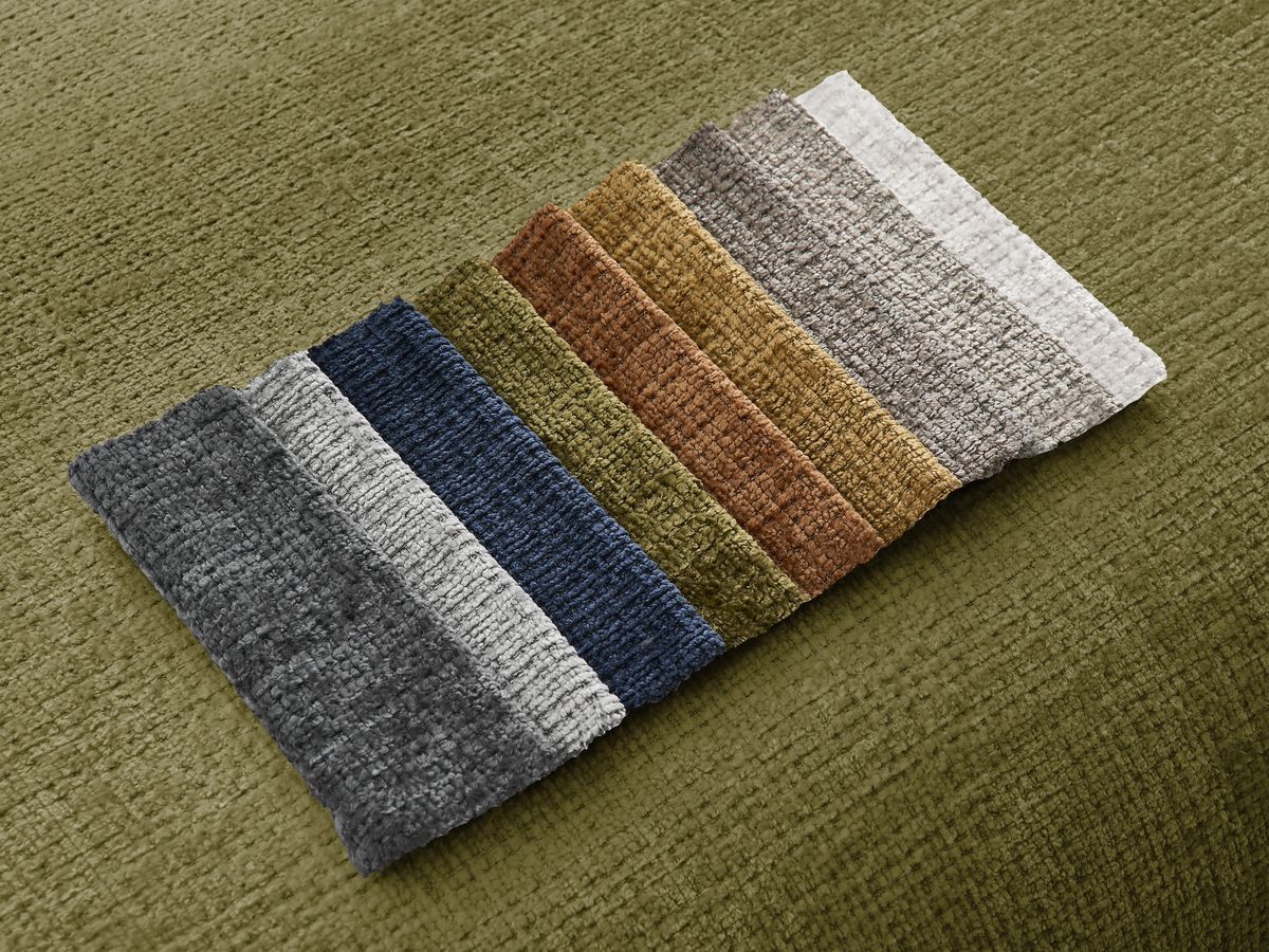 Canapé d'angle fixe modulable SIRIUS tissu texturé avec 1 chauffeuse et grand pouf