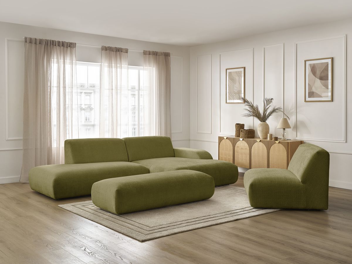 Canapé d'angle fixe modulable SIRIUS tissu texturé avec 1 chauffeuse et grand pouf