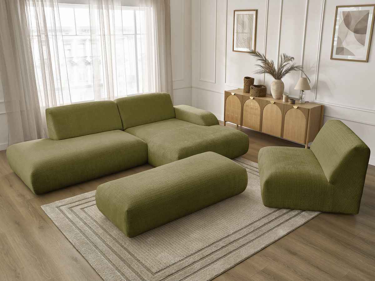Canapé d'angle fixe modulable SIRIUS tissu texturé avec 1 chauffeuse et grand pouf