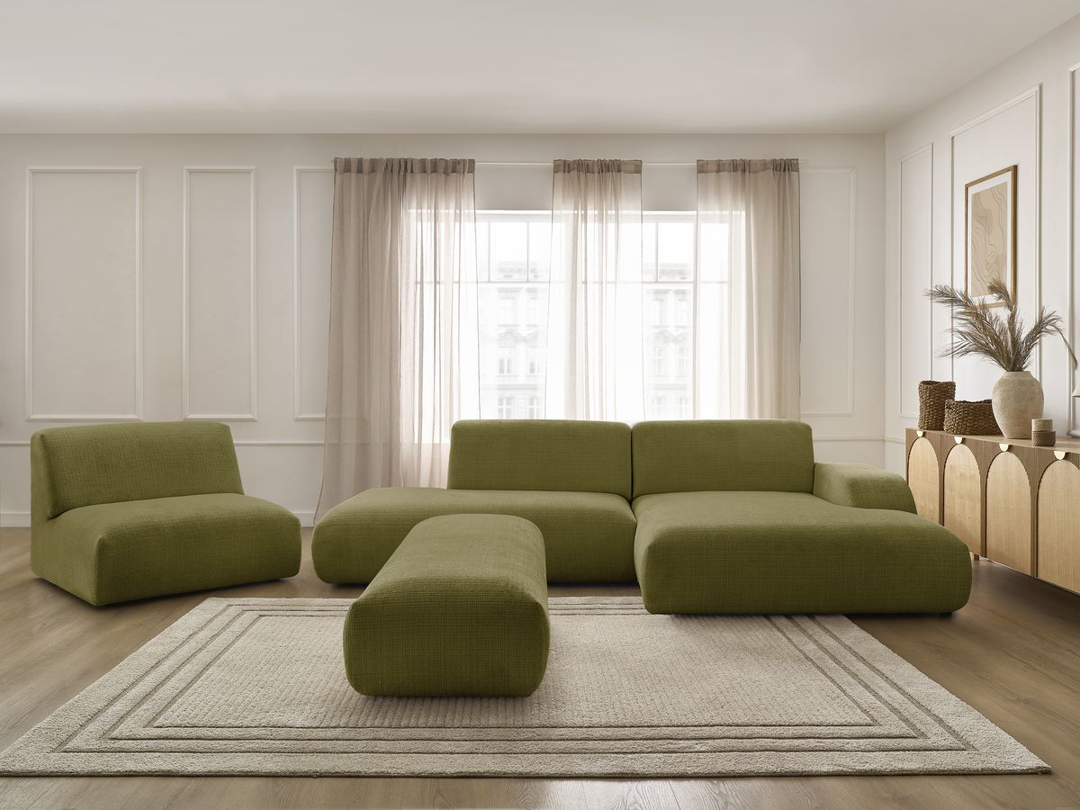 Canapé d'angle fixe modulable SIRIUS tissu texturé avec 1 chauffeuse et grand pouf