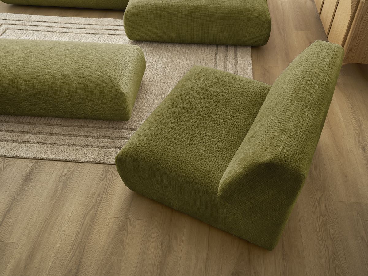Canapé d'angle fixe modulable SIRIUS tissu texturé avec 1 chauffeuse et grand pouf