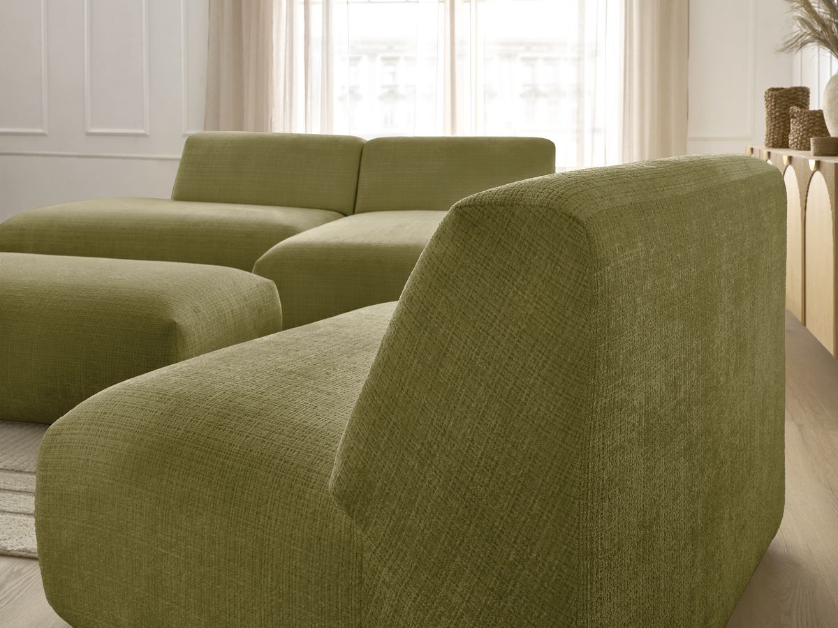Canapé d'angle fixe modulable SIRIUS tissu texturé avec 1 chauffeuse et grand pouf