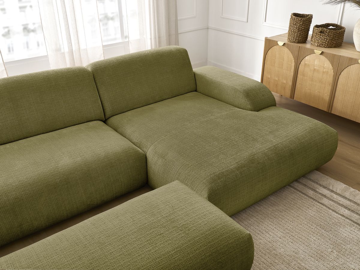 Canapé d'angle fixe modulable SIRIUS tissu texturé avec 1 chauffeuse et grand pouf