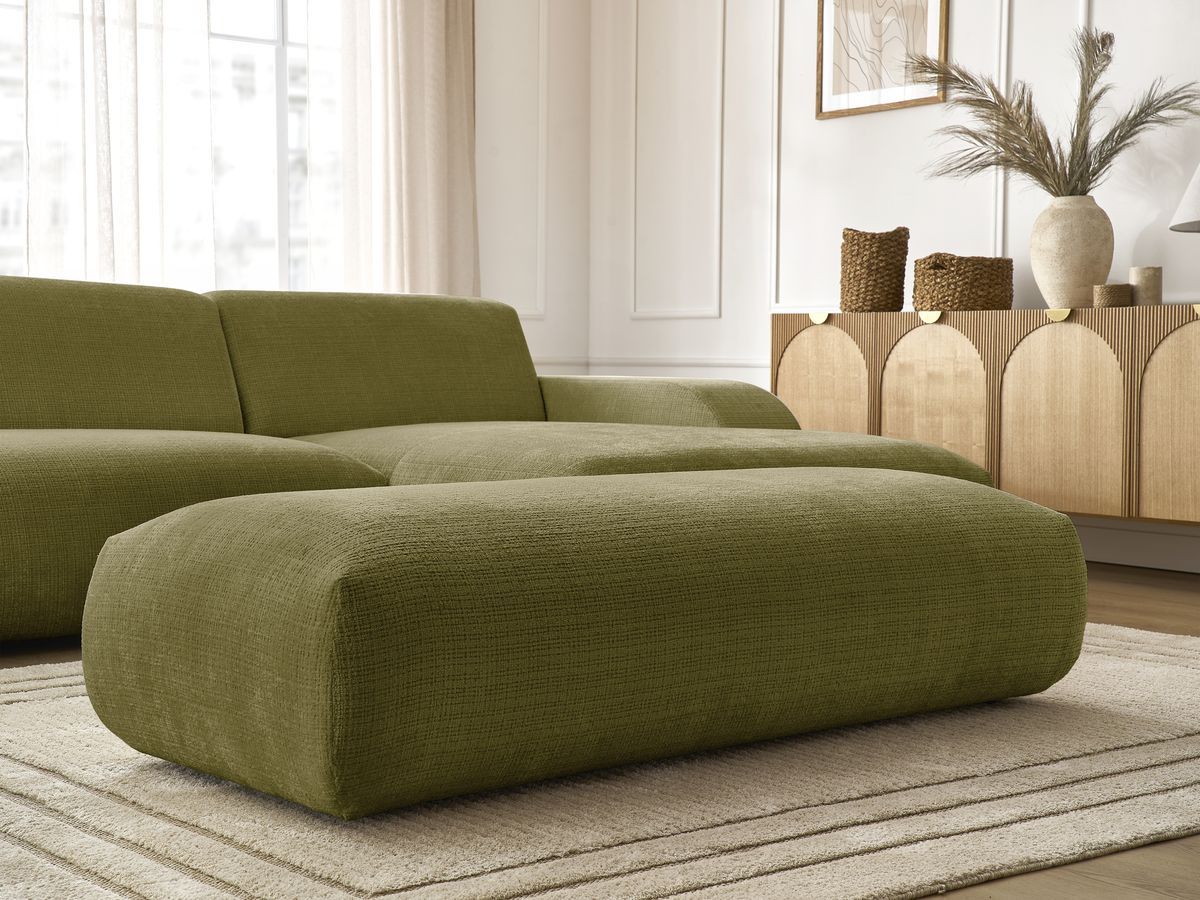 Canapé d'angle fixe modulable SIRIUS tissu texturé avec 1 chauffeuse et grand pouf