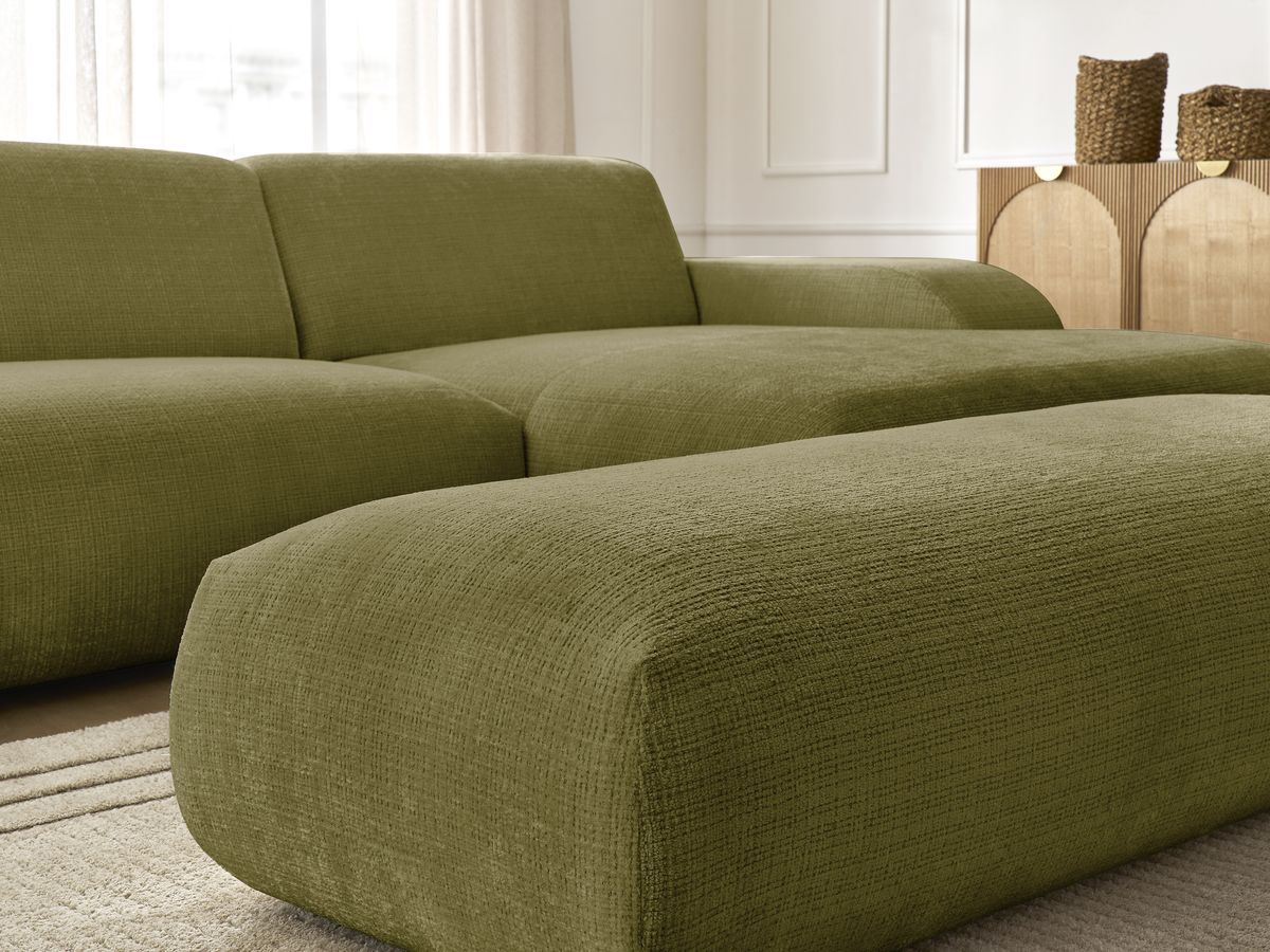 Canapé d'angle fixe modulable SIRIUS tissu texturé avec 1 chauffeuse et grand pouf