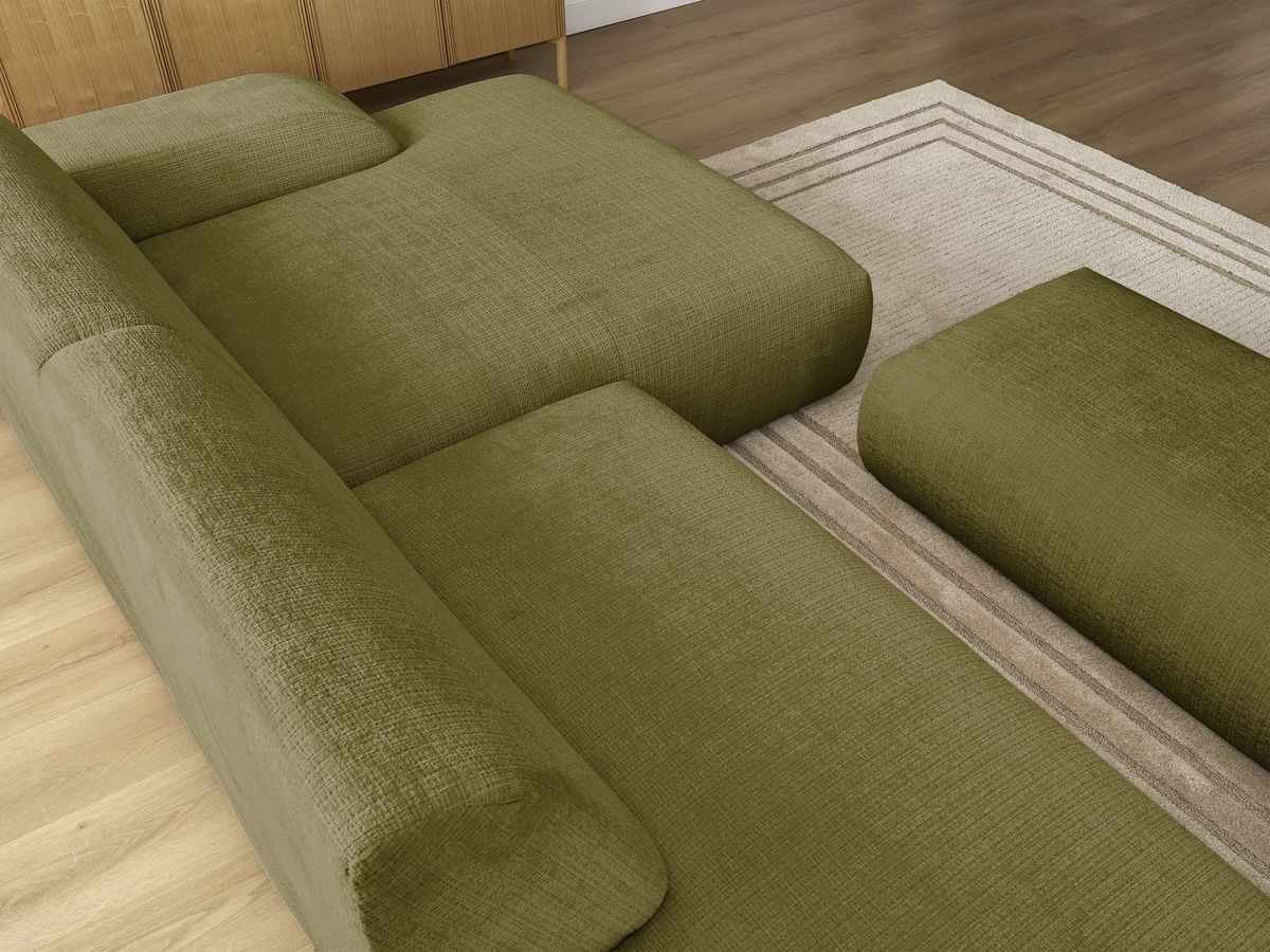 Canapé d'angle fixe modulable SIRIUS tissu texturé avec 1 chauffeuse et grand pouf