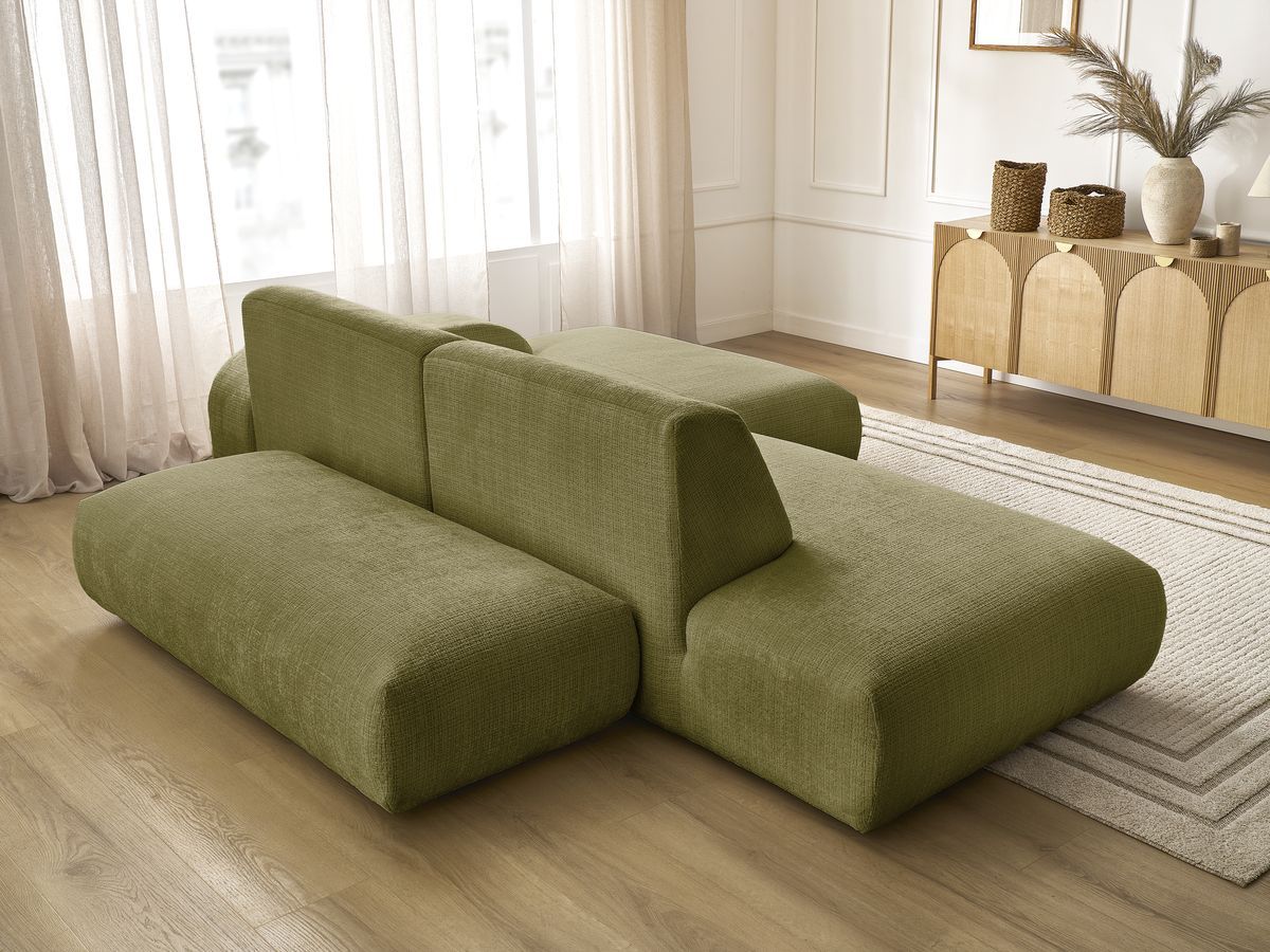 Canapé d'angle fixe modulable SIRIUS tissu texturé avec 1 chauffeuse et grand pouf