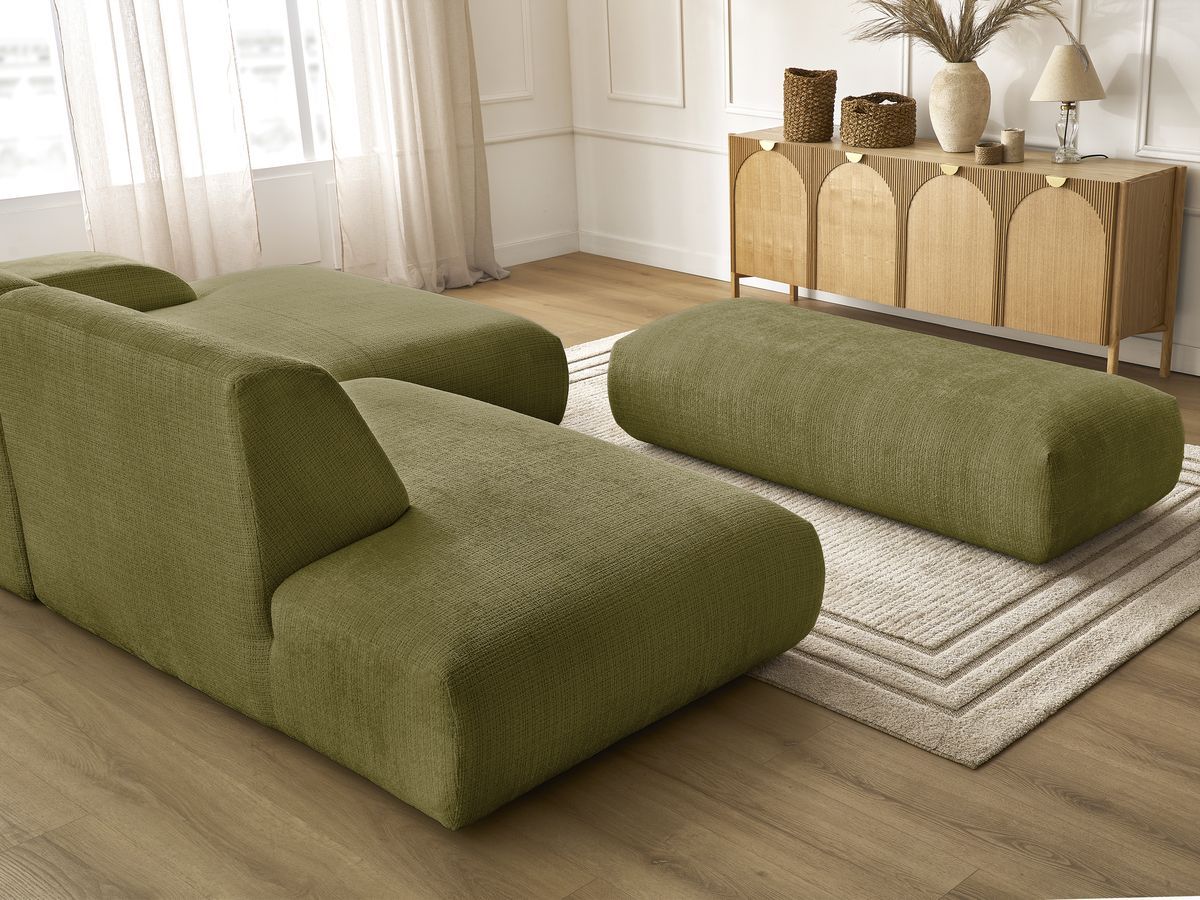 Canapé d'angle fixe modulable SIRIUS tissu texturé avec 1 chauffeuse et grand pouf