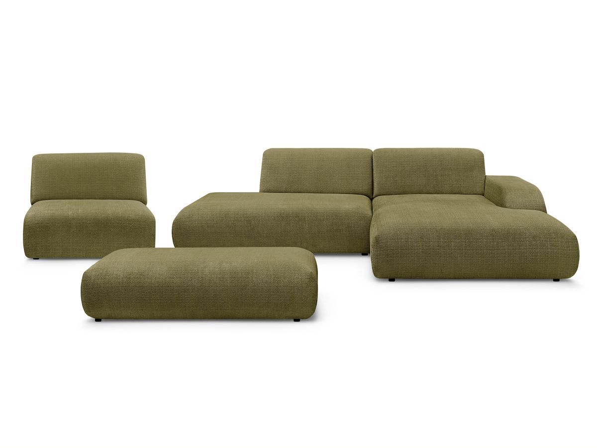 Canapé d'angle fixe modulable SIRIUS tissu texturé avec 1 chauffeuse et grand pouf