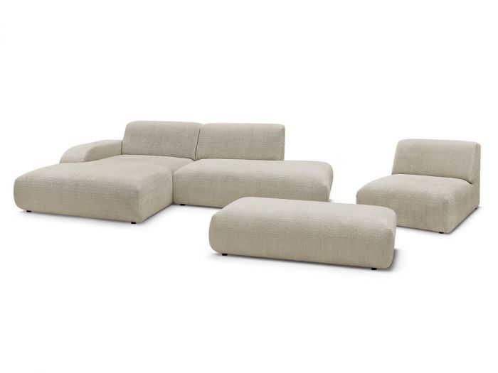 Canapé d'angle fixe modulable SIRIUS tissu texturé avec 1 chauffeuse et grand pouf