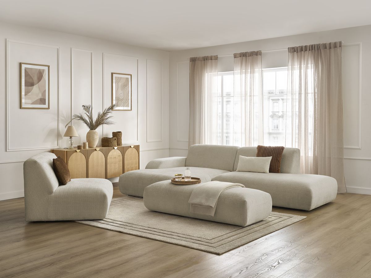 Canapé d'angle fixe modulable SIRIUS tissu texturé avec 1 chauffeuse et grand pouf