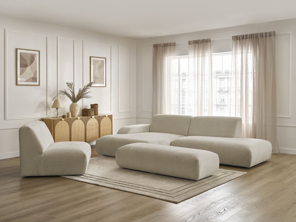 Canapé d'angle fixe modulable SIRIUS tissu texturé avec 1 chauffeuse et grand pouf