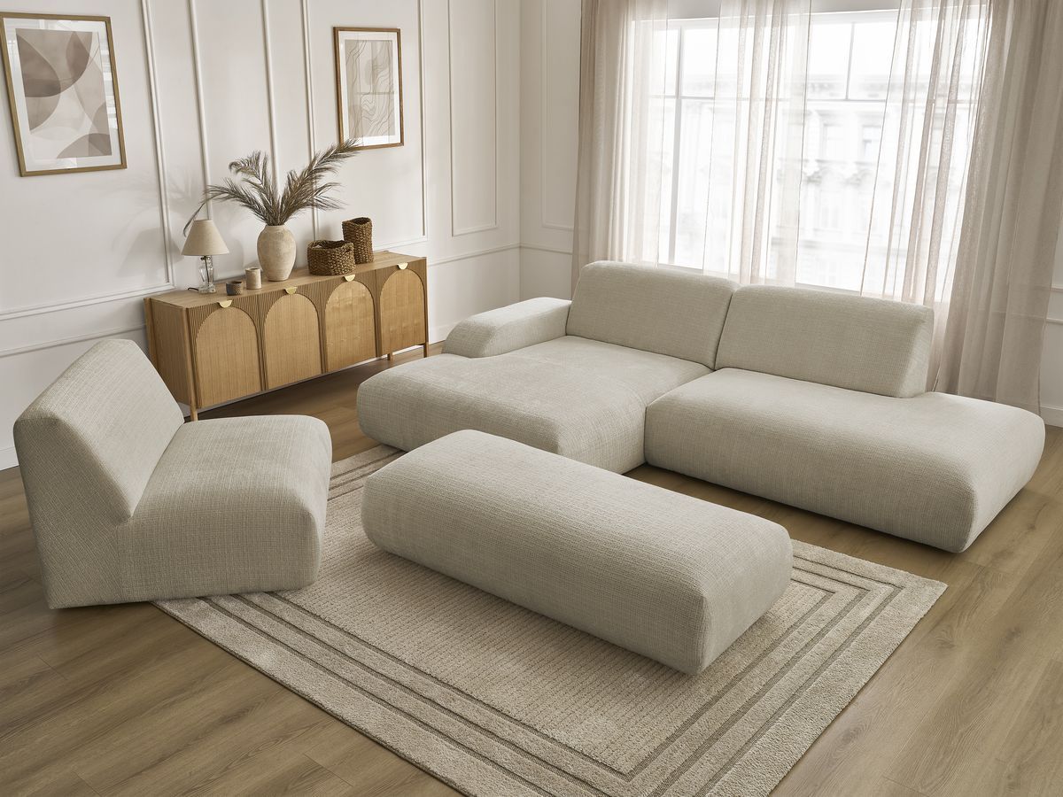Canapé d'angle fixe modulable SIRIUS tissu texturé avec 1 chauffeuse et grand pouf