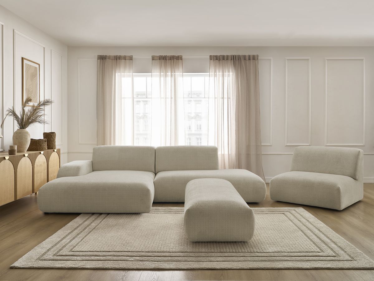 Canapé d'angle fixe modulable SIRIUS tissu texturé avec 1 chauffeuse et grand pouf