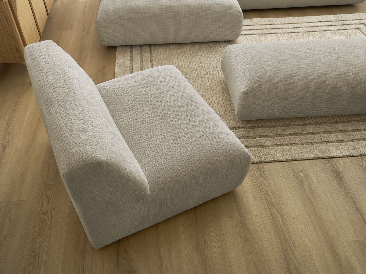 Canapé d'angle fixe modulable SIRIUS tissu texturé avec 1 chauffeuse et grand pouf