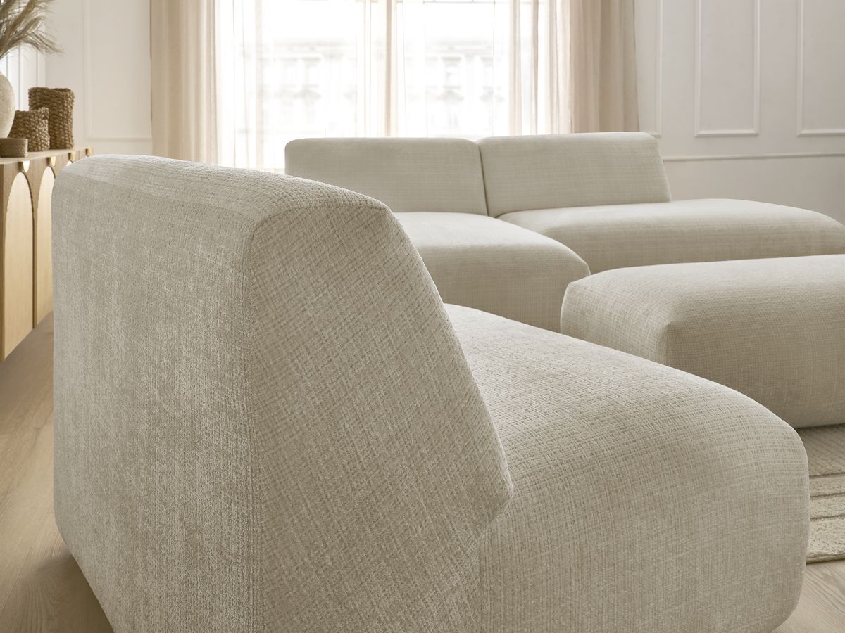 Canapé d'angle fixe modulable SIRIUS tissu texturé avec 1 chauffeuse et grand pouf
