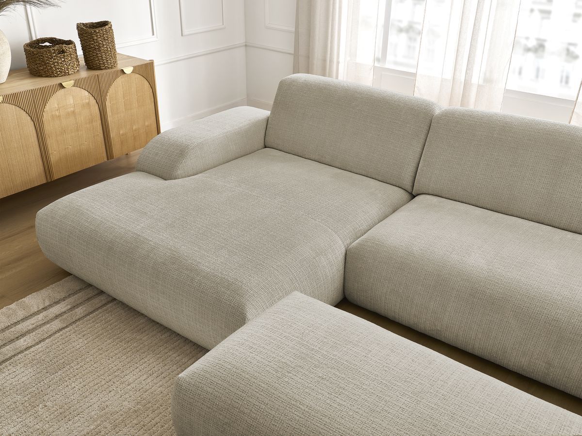 Canapé d'angle fixe modulable SIRIUS tissu texturé avec 1 chauffeuse et grand pouf