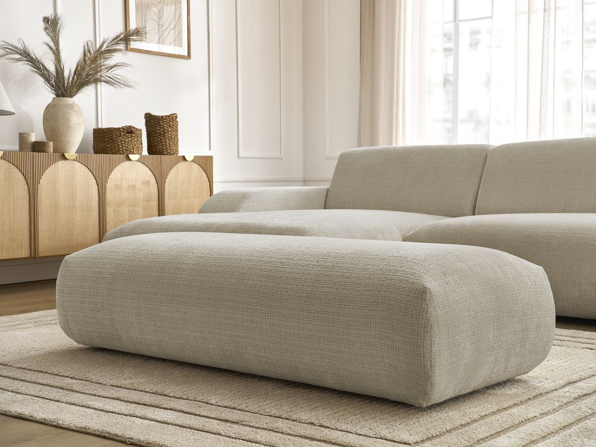 Canapé d'angle fixe modulable SIRIUS tissu texturé avec 1 chauffeuse et grand pouf