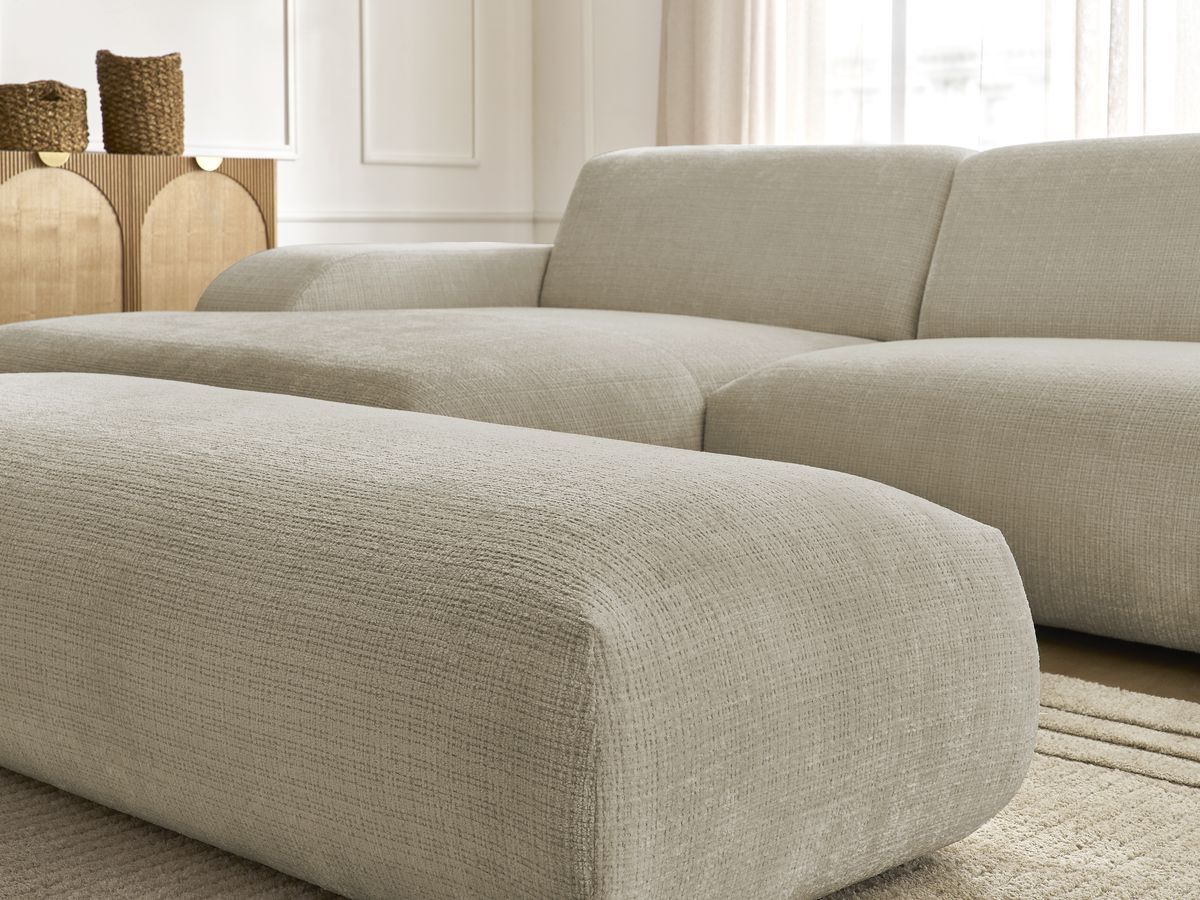 Canapé d'angle fixe modulable SIRIUS tissu texturé avec 1 chauffeuse et grand pouf