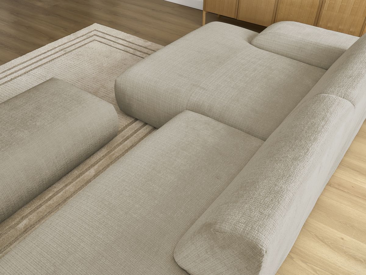 Canapé d'angle fixe modulable SIRIUS tissu texturé avec 1 chauffeuse et grand pouf