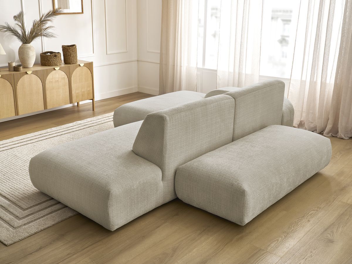 Canapé d'angle fixe modulable SIRIUS tissu texturé avec 1 chauffeuse et grand pouf