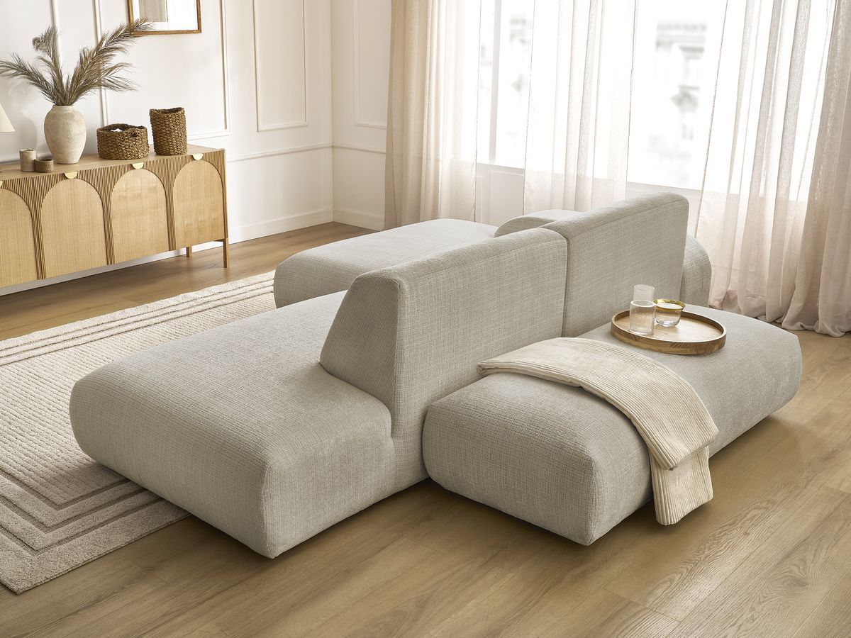 Canapé d'angle fixe modulable SIRIUS tissu texturé avec 1 chauffeuse et grand pouf