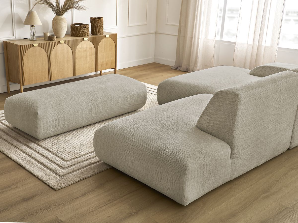 Canapé d'angle fixe modulable SIRIUS tissu texturé avec 1 chauffeuse et grand pouf