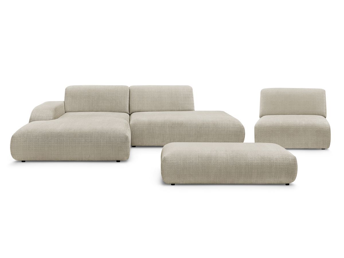 Canapé d'angle fixe modulable SIRIUS tissu texturé avec 1 chauffeuse et grand pouf