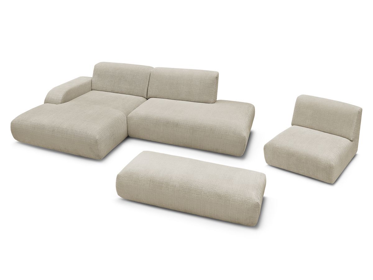 Canapé d'angle fixe modulable SIRIUS tissu texturé avec 1 chauffeuse et grand pouf