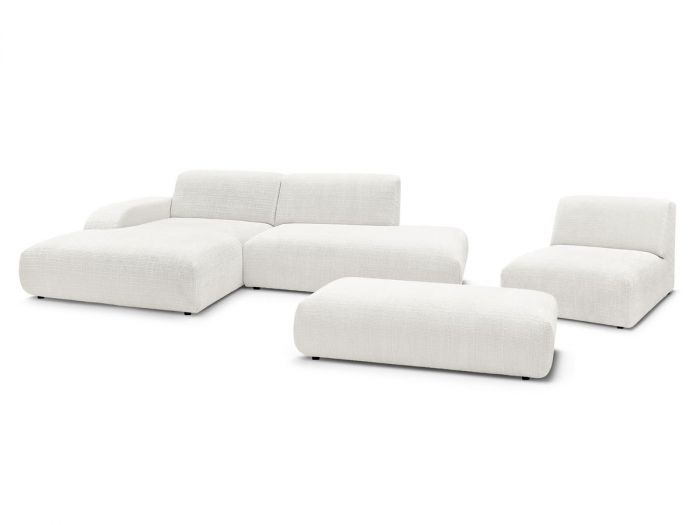 Canapé d'angle fixe modulable SIRIUS tissu texturé avec 1 chauffeuse et grand pouf
