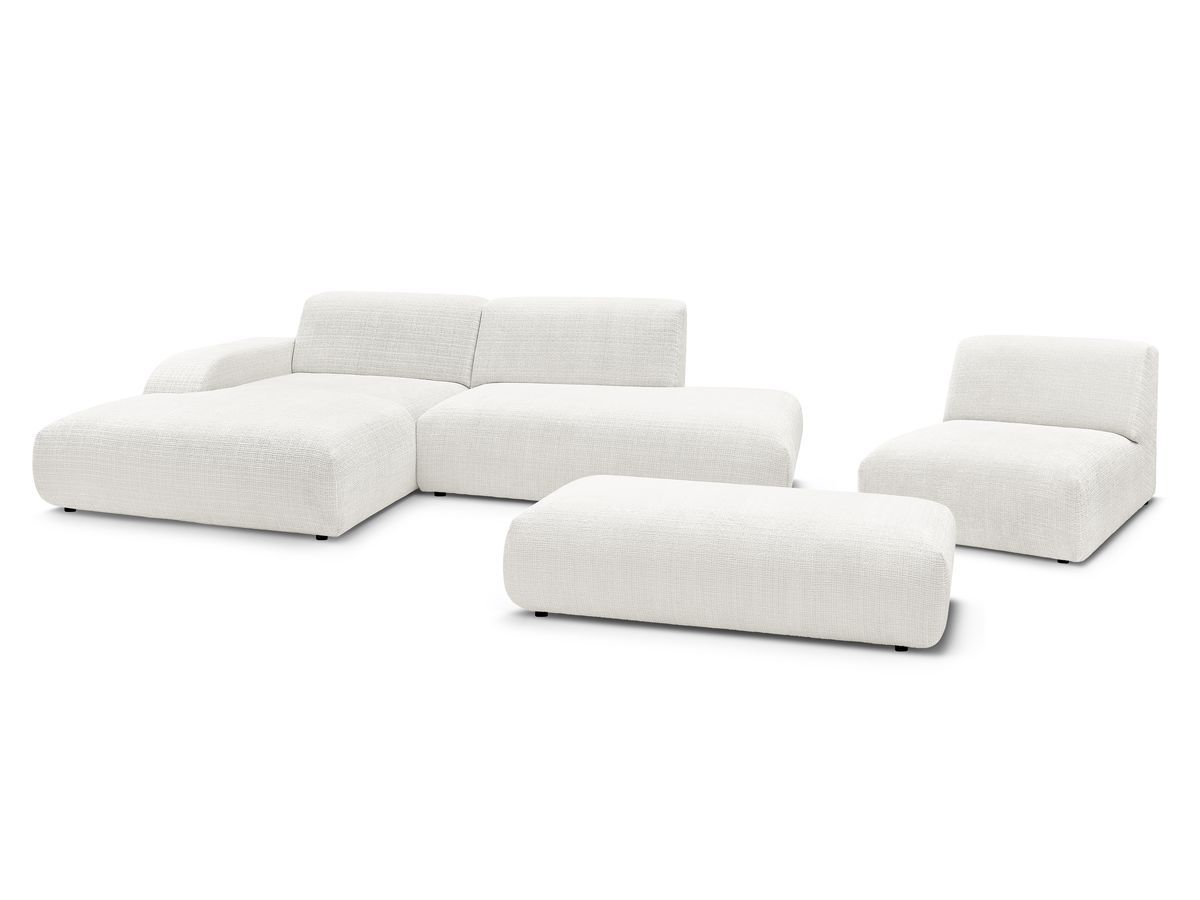 canapé d'angle fixe modulable sirius tissu texturé avec 1 chauffeuse et grand pouf de couleur blanc