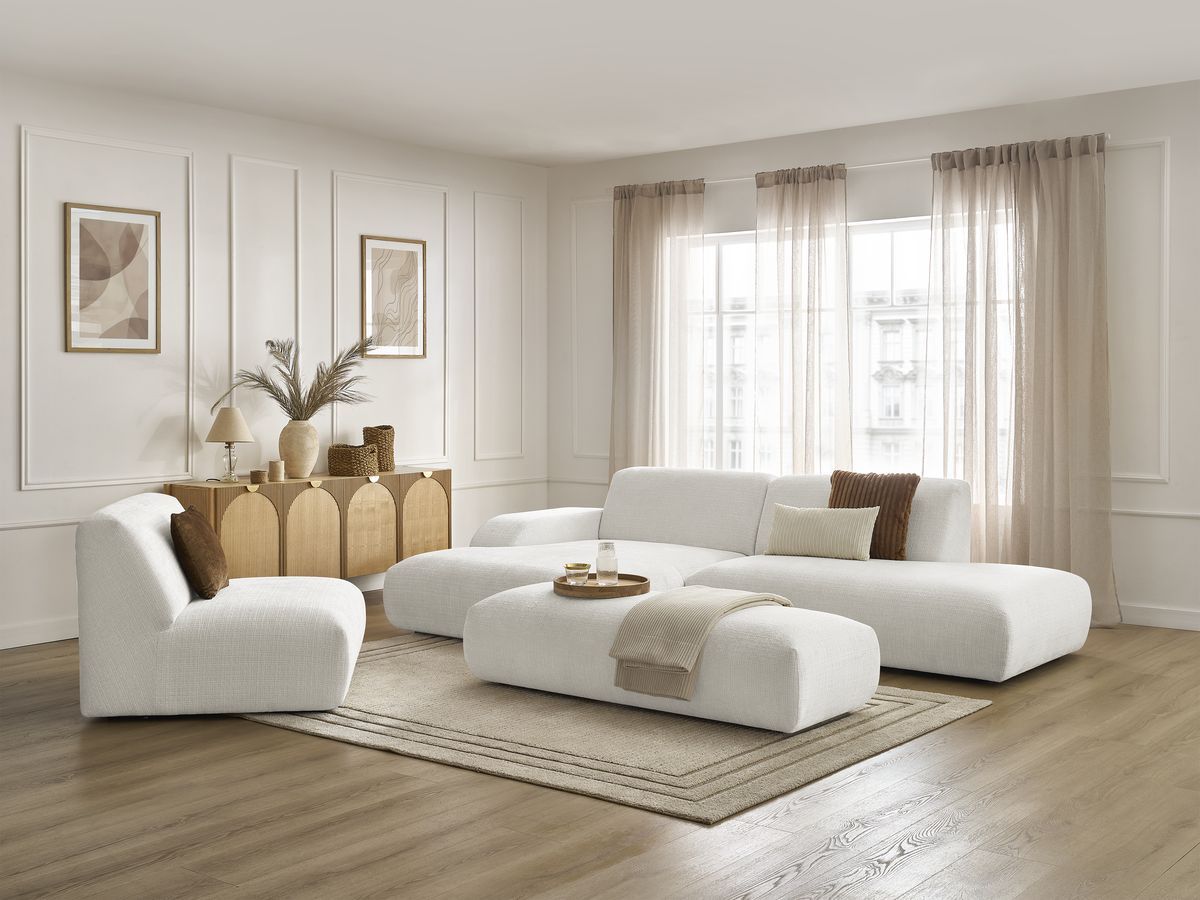 Canapé d'angle fixe modulable SIRIUS tissu texturé avec 1 chauffeuse et grand pouf