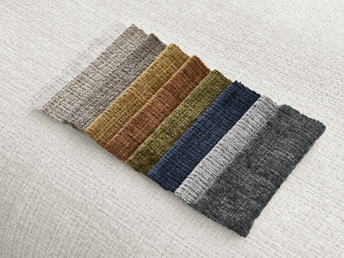 Canapé d'angle fixe modulable SIRIUS tissu texturé avec 1 chauffeuse et grand pouf