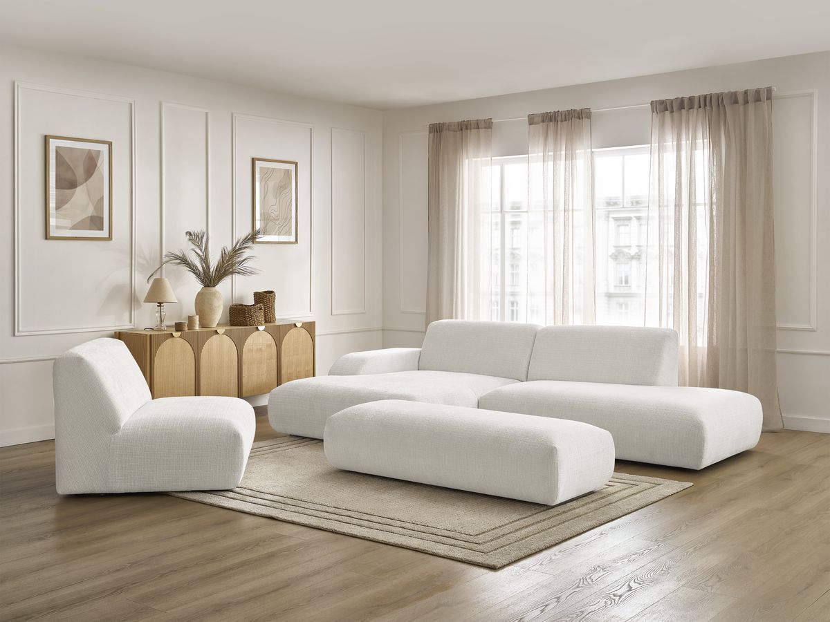 Canapé d'angle fixe modulable SIRIUS tissu texturé avec 1 chauffeuse et grand pouf