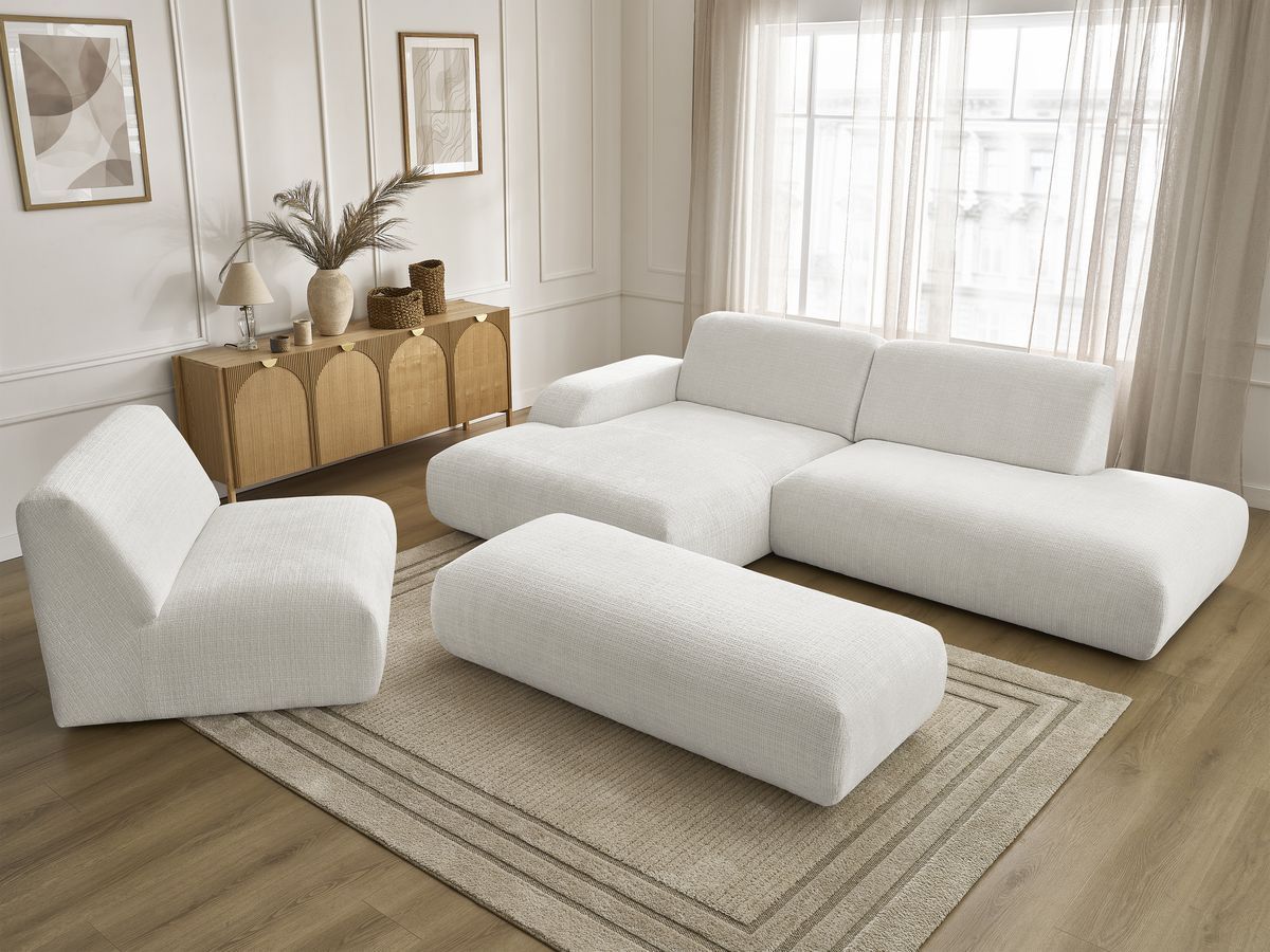 Canapé d'angle fixe modulable SIRIUS tissu texturé avec 1 chauffeuse et grand pouf