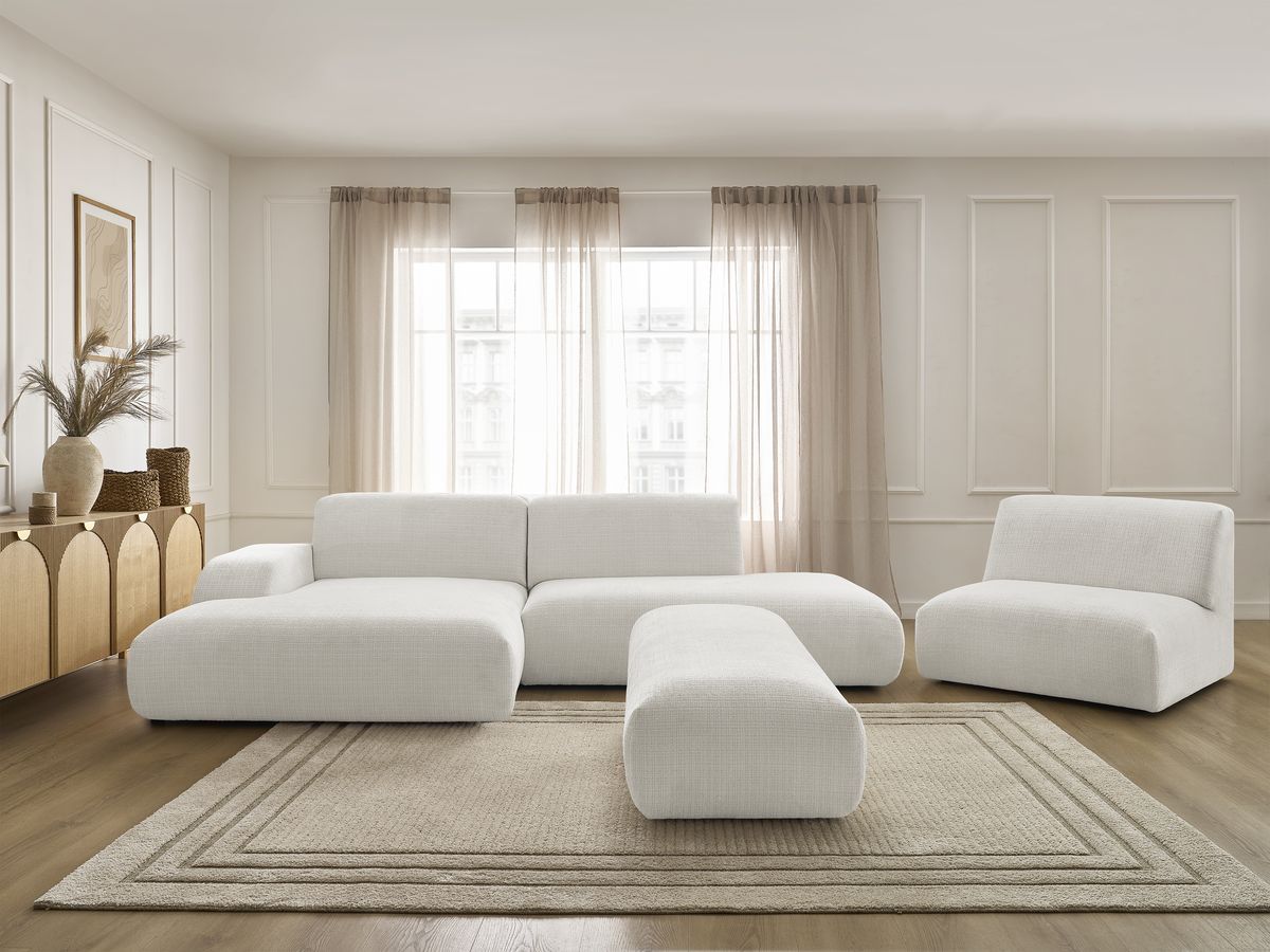 Canapé d'angle fixe modulable SIRIUS tissu texturé avec 1 chauffeuse et grand pouf
