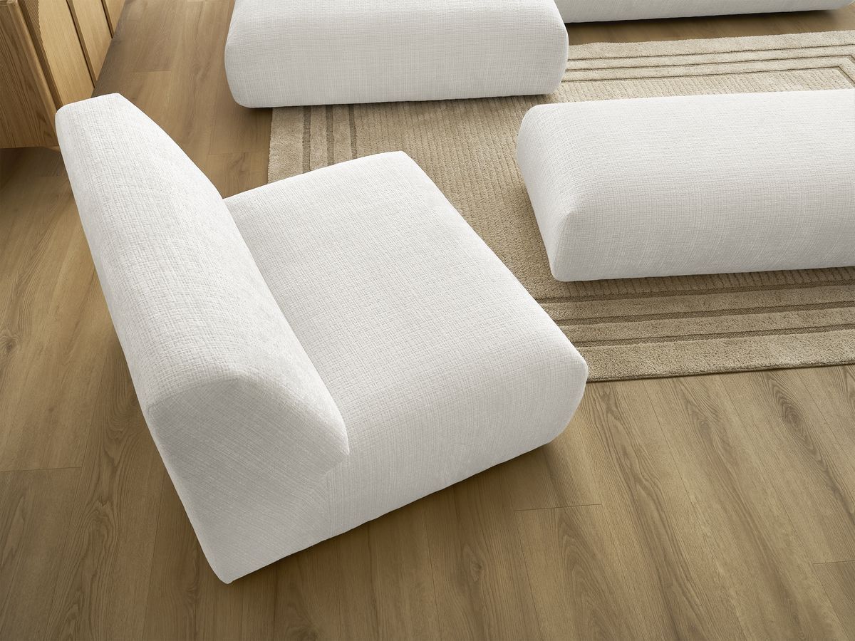 Canapé d'angle fixe modulable SIRIUS tissu texturé avec 1 chauffeuse et grand pouf