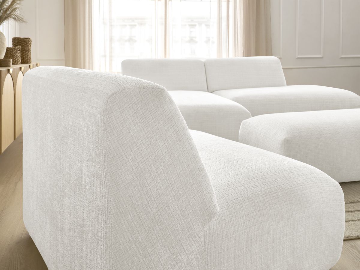 Canapé d'angle fixe modulable SIRIUS tissu texturé avec 1 chauffeuse et grand pouf