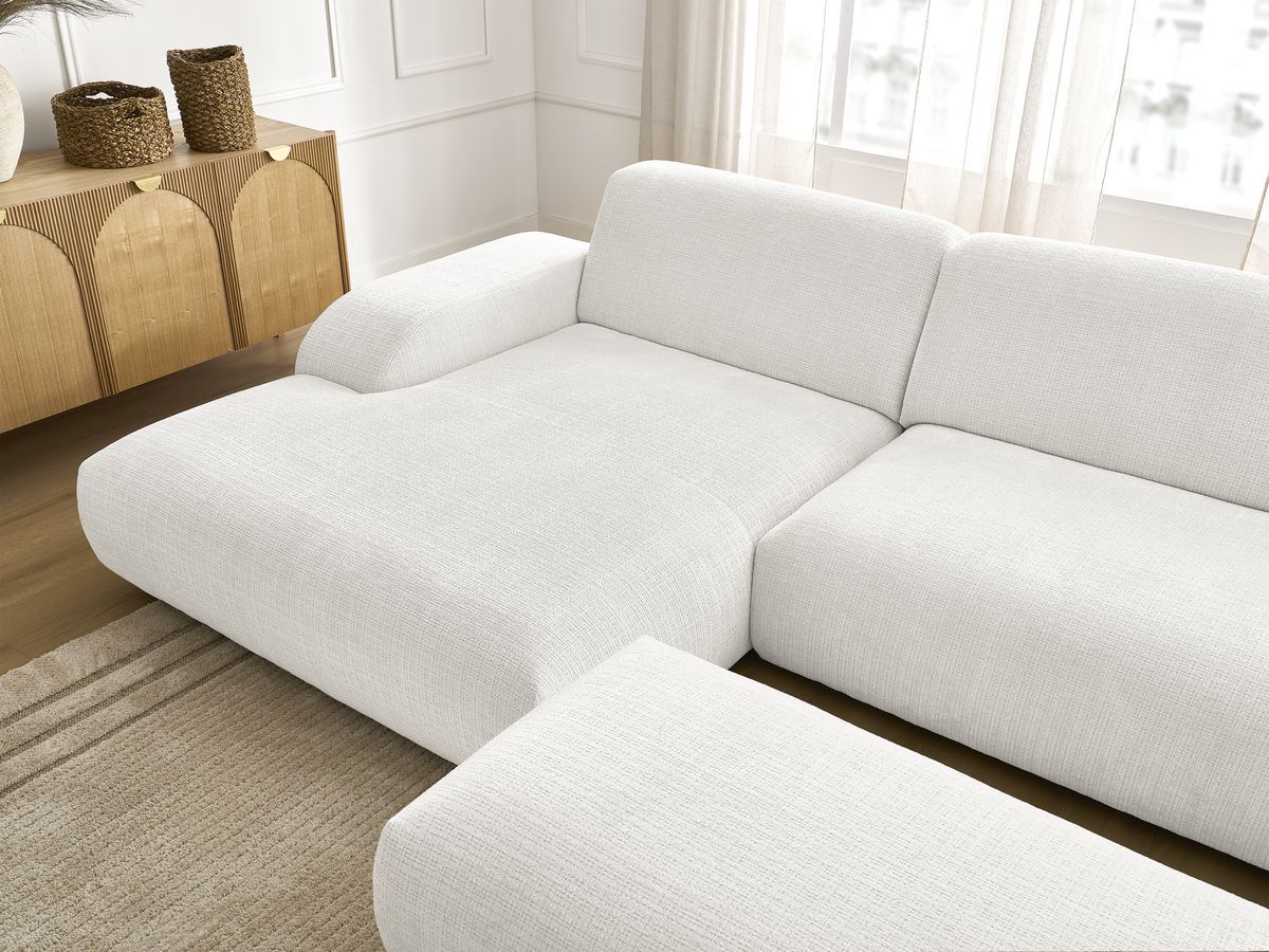 Canapé d'angle fixe modulable SIRIUS tissu texturé avec 1 chauffeuse et grand pouf