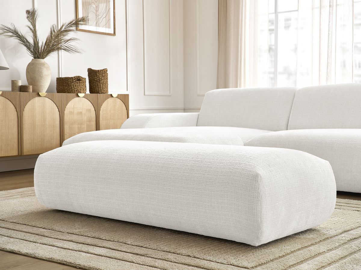 Canapé d'angle fixe modulable SIRIUS tissu texturé avec 1 chauffeuse et grand pouf