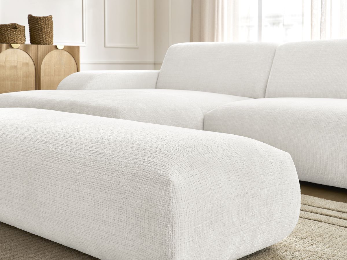 Canapé d'angle fixe modulable SIRIUS tissu texturé avec 1 chauffeuse et grand pouf