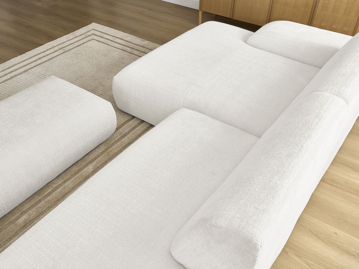 Canapé d'angle fixe modulable SIRIUS tissu texturé avec 1 chauffeuse et grand pouf