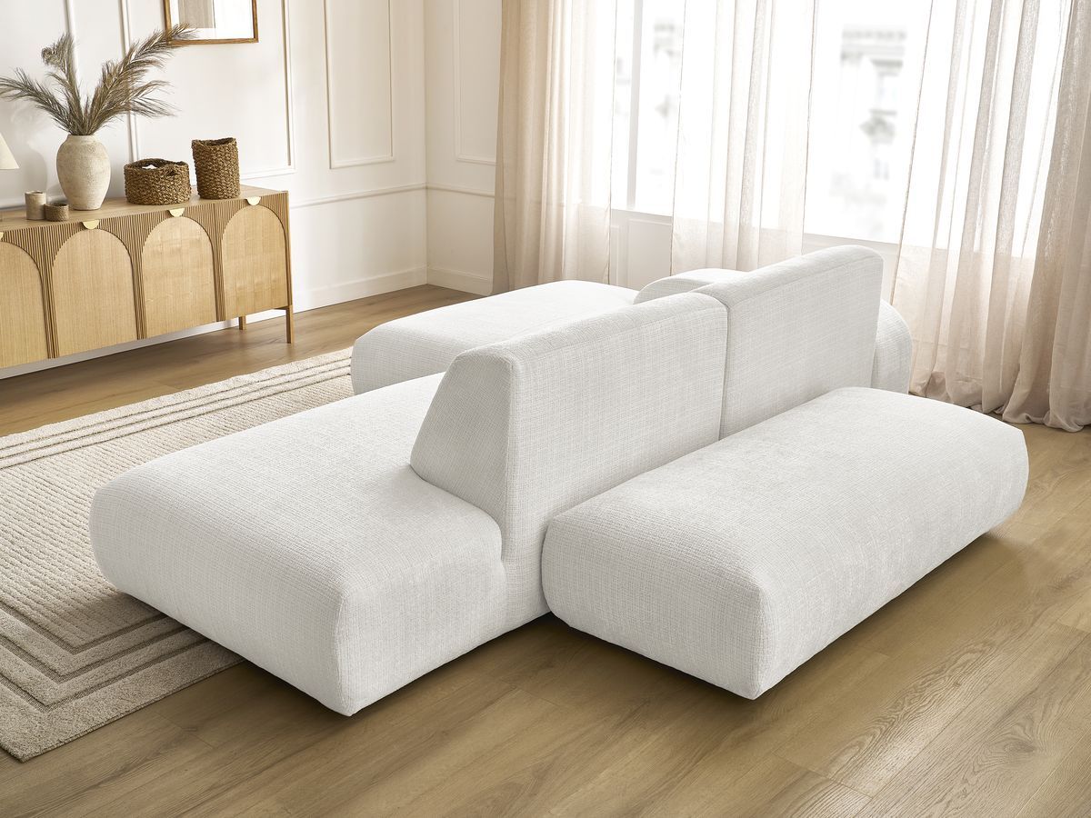 Canapé d'angle fixe modulable SIRIUS tissu texturé avec 1 chauffeuse et grand pouf