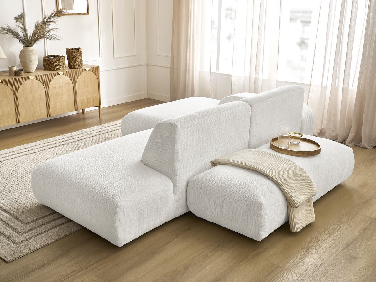 Canapé d'angle fixe modulable SIRIUS tissu texturé avec 1 chauffeuse et grand pouf