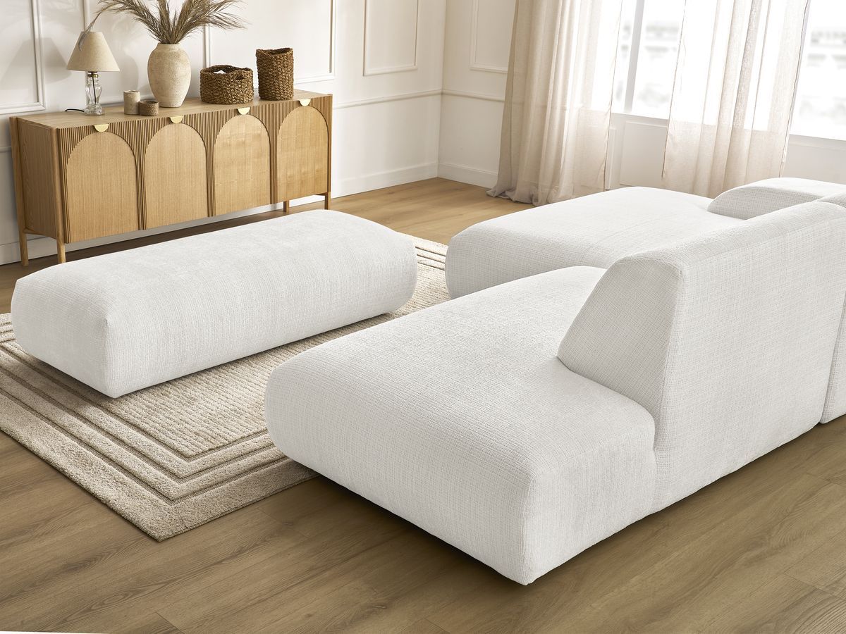Canapé d'angle fixe modulable SIRIUS tissu texturé avec 1 chauffeuse et grand pouf